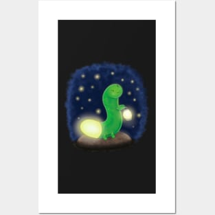 Cute green glow worm with lantern cartoon illustration Posters and Art